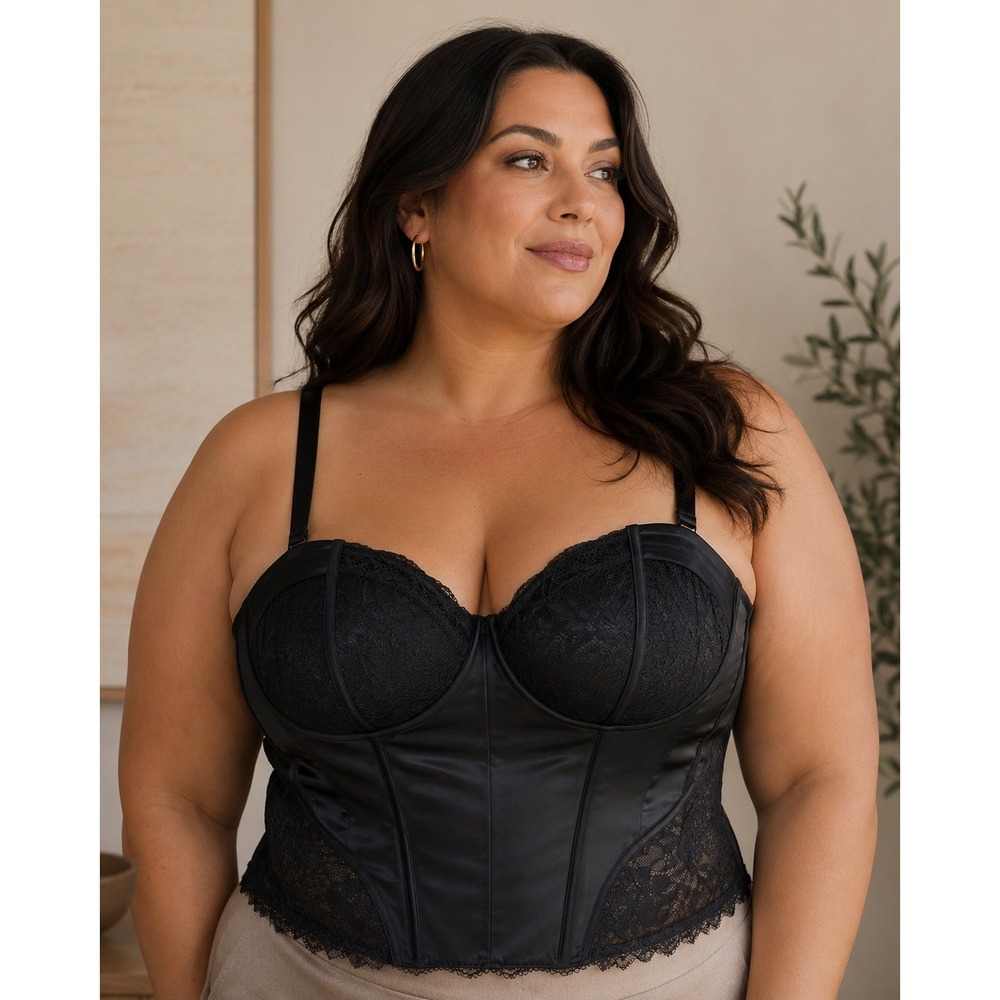 Torrid Curve Corset Top Women 1X Black Lace Satin Lace-Up Underwire Burlesque